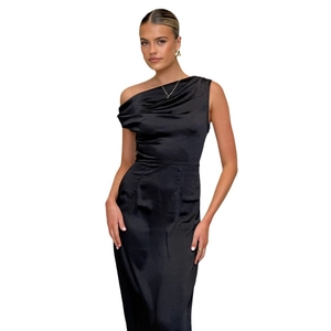 Elegant slim fit black satin off-shoulder midi dress for women with a sleek finish