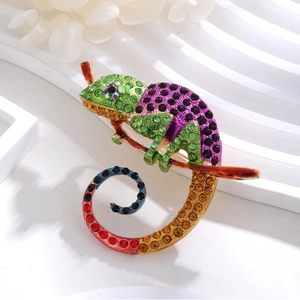 Chameleon animal brooch with colorful enamel rhinestones on a metal base for clothing