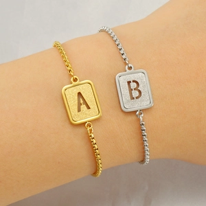 Stainless Steel Letter Bracelet Adjustable Box Chain Hollow Square Initial Frosted Jewelry For Women And Men