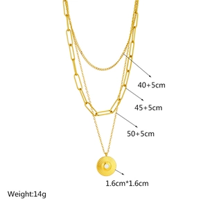 Double-layered gold necklace with heart pendant and pearl details showing size dimensions