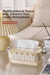 Detail of creative tissue box with acrylic cover and cream yellow lifting inner base