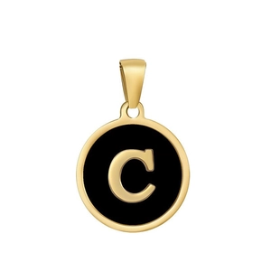 Golden stainless steel round pendant with black enamel inlay and letter C detail