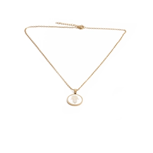 Gold stainless steel necklace with round white Hamsa Hand pendant and lobster clasp