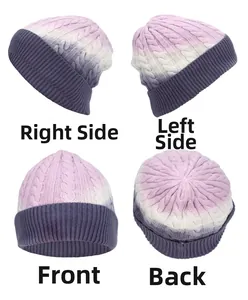 Vista multi-angolo del berretto in maglia a trecce sfumato viola con bordo a coste