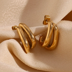 Minimalist double layered banana shaped 18K gold plated stainless steel stud earrings