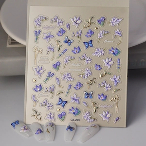 Adesivi Per Unghie Rilievo 5D Farfalla Viola Floreale Narciso Lavanda Doratura Foglia Oro Impermeabile Decorazioni Arte
