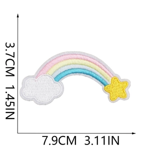 Detailed view of rainbow embroidery patch with dimensions 7.9cm x 3.7cm for clothing