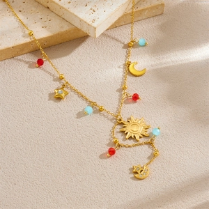 Golden stainless steel Y-necklace with sun moon star charms and colorful beads