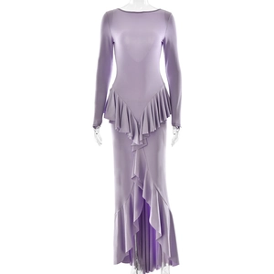 Elegant light purple backless maxi dress with ruffle trim and high-low slit hemline