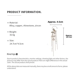 Detail specifications of butterfly tassel ear cuff showing size 24.7cm and alloy material