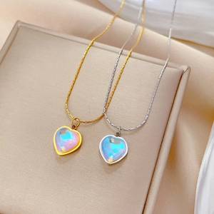 Titanium steel necklaces with colorful heart pendants in gold and silver finishes