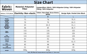 Detailed size guide table for women's color block quilted cotton jacket showing measurements
