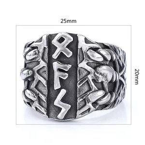 Vintage Viking Runic stainless steel wide ring with oxidized finish and knotwork details