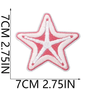 Detailed view of pink starfish embroidery patch with 7cm size dimensions measurements