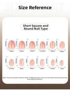 Detailed size guide chart for 24-piece short square white floral press-on nails