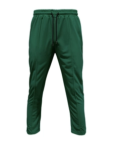 Detail of dark green tracksuit pants with drawstring waist and stitched center crease