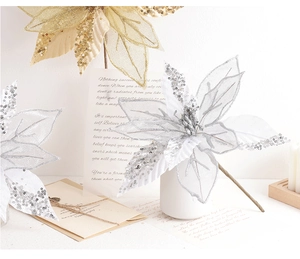 Close-up of 30cm glitter poinsettia artificial flowers for elegant Christmas tree decoration