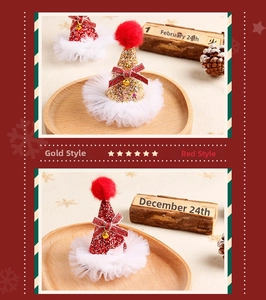 Detailed close-up of mini Christmas hat hair clips with lace, sequins and tiny bells