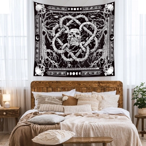 Bohemian black and white skull tapestry with snake and moon phases for room wall decor