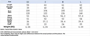 Detailed size guide table for women V-neck long sleeve chiffon shirt showing XS to L measurements