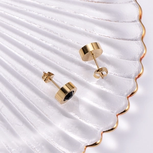 Classic gold plated titanium earrings with black shell inlay and Roman numerals