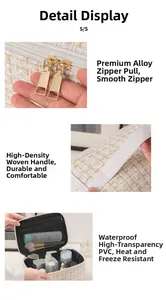Close-up of beige tweed makeup bag featuring alloy zippers and waterproof PVC lining