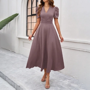 Elegant purple V-neck midi dress with puff short sleeves and pleated high waist design
