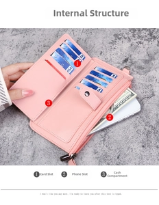 Detail view of pink long wallet interior showing card slots and phone pocket