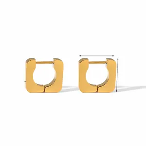 Detail showing 14.5mm wide and 13.5mm high 18k gold plated stainless steel square earrings
