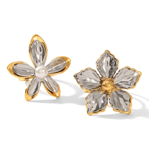 Two-tone stainless steel floral rings with white pearl and gold bead accents