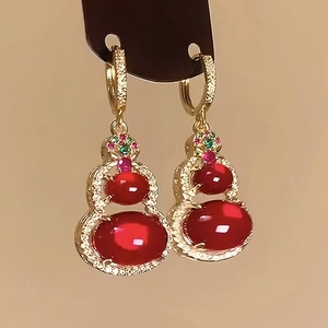 14K Gold Plated Gourd Drop Earrings With Red Resin Cubic Zirconia Chinese Style Vintage Jewelry Women