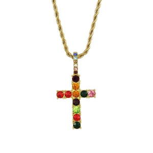 Hip hop gold cross pendant necklace with colorful sparkling crystals on twist chain