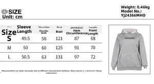 Detailed size chart for women's oversized printed hoodie with sleeve and chest measurements