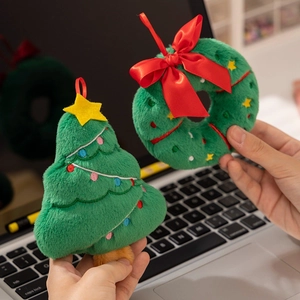Set of 2 plush Christmas tree and wreath ornaments with colorful embroidery details