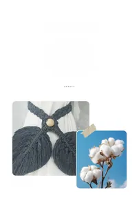 Detail of dark grey boho curtain tieback with leaf shape design and wooden bead accent