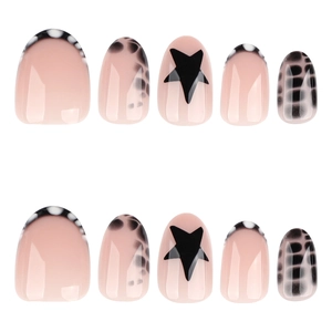 Y2K Y2K style round press-on nails with leopard print and black star patterns