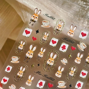 Vintage Alice rabbit nail art stickers with poker and gold details on pearl background