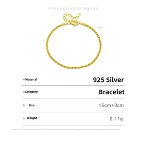 Detailed view of 2mm S925 sterling silver twisted rope chain bracelet with size specs