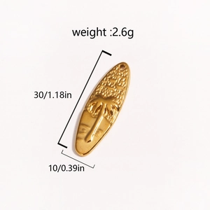 Golden surfboard pendant with coconut tree detail and exact size 30x10mm measurement
