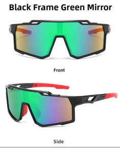 Front and side view of black frame sports sunglasses with green mirrored lenses and red accents