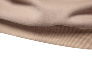 Detailed close-up of ribbed hem and premium knit texture on khaki autumn sweatshirt