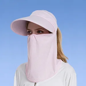 Pink wide brim sun hat with face shield and neck protection for summer outdoor riding