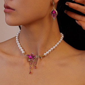 Elegant pearl necklace with pink crystal flower pendant and matching drop earrings