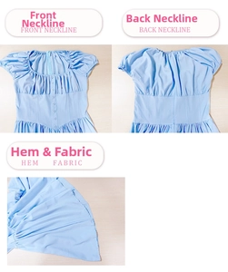 Detail view of square neck, button-front design and textured fabric of sky blue dress