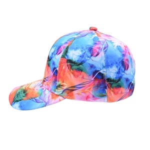 Detail of colorful tie-dye graffiti pattern on a six-panel baseball cap with curved brim