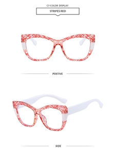 Vue détaillée de lunettes yeux de chat rayées rouge et blanc sous deux angles différents