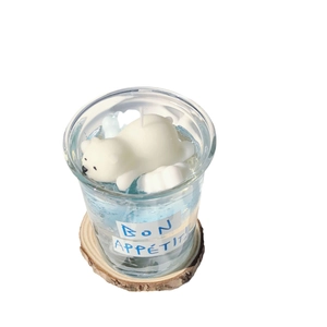 Creative polar bear jelly candle in glass cup with wood base and blue aroma wax