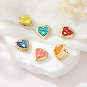 Heart Locket Pendant Gold Plated Copper Enamel Sweet Design Openable Photo Frame Romantic Jewelry DIY For Women