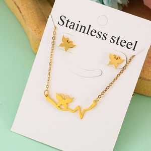 Detailed view of gold stainless steel necklace and butterfly heartbeat earrings set