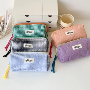 Quilted checkered large capacity fabric pencil cases in five vibrant pastel colors